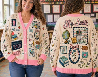 Personalized Teacher Name Cardigan, Custom Mrs. Name Sweater, School Icons Print, Kindergarten Teacher Gift, Back to School Outfit