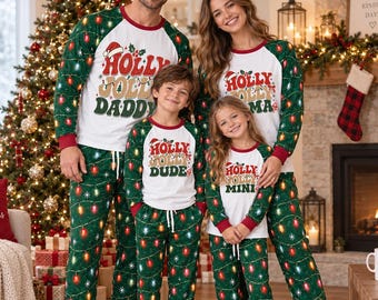 Holly Jolly Family Christmas Custom Pajamas, Matching Daddy Mama Dude Mini PJs, Christmas Lights Pajama Set, Holiday Family Gift