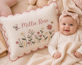 Personalized Floral Embroidered Baby Pillow Cover- Custom Name Embroidered Pillow, Welcome Baby Pillow, Nursery Keepsake, Keepsake Newborn