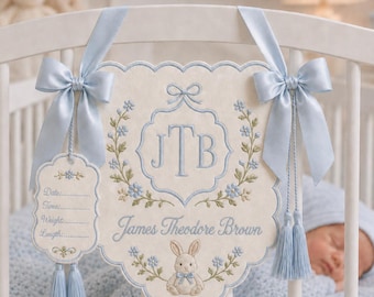 Personalized Baby Name Hospital Banner, Embroidered Monogram Newborn Name Sign, Floral Nursery Decor