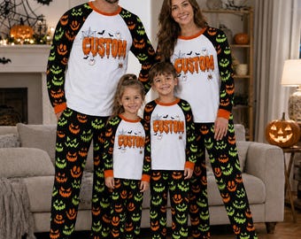 Personalized Matching Family Pajamas, Custom Name Halloween Pajamas, Pumpkin Ghost Matching Family PJs, Halloween Sleepwear for Adults &Kids