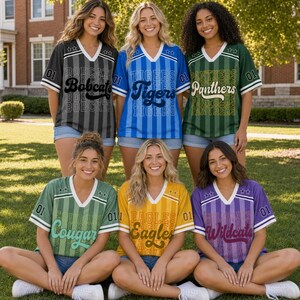 May include: Six v-neck jerseys in various colors, each featuring vertical stripes, the number 01 on the sleeves, and team names including Bobcats, Tigers, Panthers, Cougars, Eagles, and Wildcats printed in a script font across the chest.