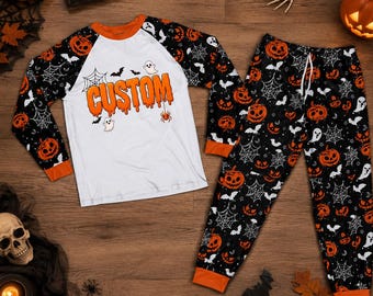 Personalized Matching Family Pajamas, Custom Name Halloween Pajamas, Pumpkin Ghost Matching Family PJs, Halloween Sleepwear for Adults &Kids