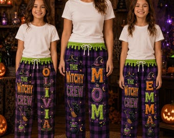 Personalized Witchy Crew Pajama Pants, Halloween Matching Family Pajamas, Custom Name Purple Plaid PJs, Witch Lounge Pants