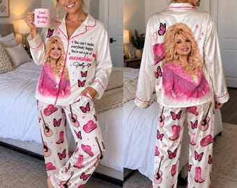 Moonshine Dolly Pajamas Set, Country Music Satin PJs, Cowgirl Pajama Set, Dolly Parton Memorial Gift, Country Girl Sleepwear