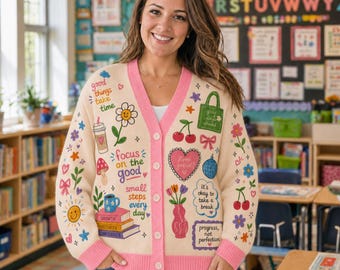 Personalized Teacher Name Cardigan, Custom Mrs. Name Sweater, School Icons Print, Kindergarten Teacher Gift, Back to School Outfit