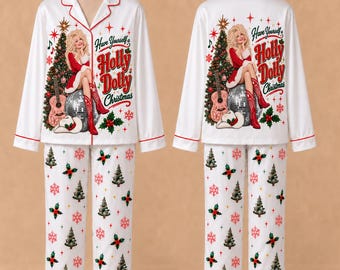 Holly Dolly Christmas Pajamas Set, Dolly Parton Satin PJs, Country Music Christmas Pajamas, Adult Kids Matching Family Sleepwear