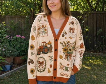 Fall Thanksgiving Cardigan Sweater, Autumn Goose Pumpkin and Tractor Cardigan, Cozy Oversized V-Neck Button-Up Sweater, Harvest Farm Gift