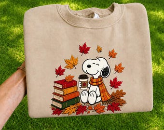 Cute Dog Fall Embroidered Sweatshirt, Autumn Leaves Coffee and Books Crewneck, Cozy Reading Shirt, Fall Gift for Women