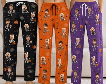 Custom Face Halloween Pajama Pants, Personalized Photo PJs, Skeleton Family Pajamas, Funny Spooky Gift for Family & Couples