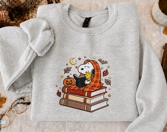Cute Dog Halloween Embroidered Sweatshirt, Spooky Book Lover Crewneck, Cute Fall Reading Shirt, Pumpkin Autumn Sweater, Cozy Librarian Gift