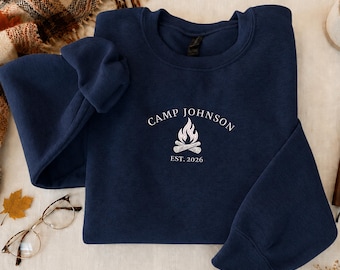 Personalized Camp Name Embroidered Sweatshirt, Custom Campfire Crewneck, Outdoor Adventure Camping Shirt, Family Camp Trip Gift