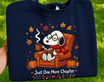 Embroidered Cute Dog Reading Sweatshirt, Just One More Chapter Book Lover Shirt, Cozy Fall Reader Gift, Autumn Pumpkin Crewneck