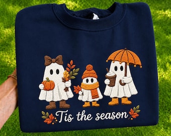 Embroidered Fall Ghost Sweatshirt, Tis the Season Halloween Crewneck, Cute Autumn Ghost Family Shirt, Pumpkin & Coffee Cozy Sweatshirt