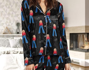 Dolly Parton Pajama Set, Country Music Satin Pajamas, Dolly Inspired Long Sleeve PJs, Western Music Lover Gift, Women Sleepwear