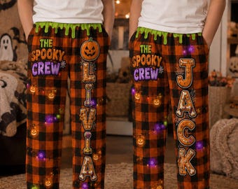 Personalized Spooky Crew Pajama Pants, Halloween Matching Family Pajamas, Custom Name Lounge Pants, Halloween Gift for Mom Dad Kids