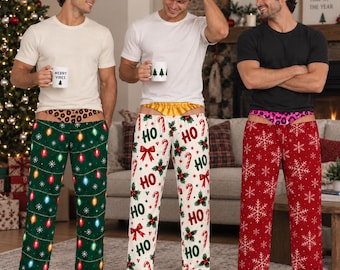 Funny Christmas Pajama Pants for Men, Underwear Illusion Holiday Lounge Pants, Novelty Xmas Sleepwear, White Elephant Gift for Him