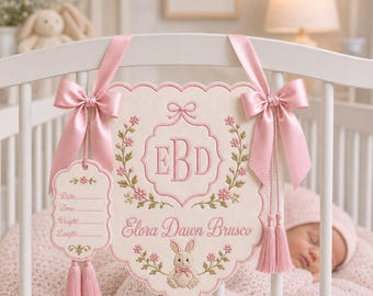 Personalized Baby Name Hospital Banner, Embroidered Monogram Newborn Name Sign, Floral Nursery Decor, Personalized Embroidered Baby Banner