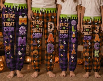 Personalized Trick or Treat Crew Pajama Pants, Halloween Matching Family Pajamas, Custom Name Plaid Lounge Pants, Halloween Gift