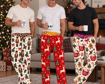 Funny Christmas Pajama Pants for Men, Underwear Illusion Holiday Lounge Pants, Novelty Xmas Sleepwear, White Elephant Gift for Him