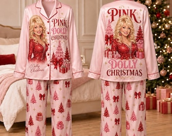 Pink Dolly Christmas Pajamas Set, Dolly Parton Satin PJs, Country Music Christmas Pajamas, Pink Holiday Sleepwear, Dolly Fan Gift