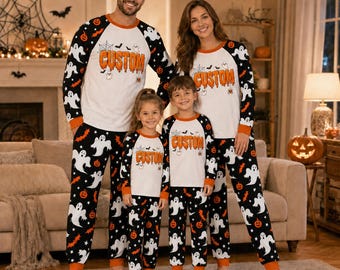 Personalized Matching Family Pajamas, Custom Name Halloween Pajamas, Pumpkin Ghost Matching Family PJs, Halloween Sleepwear for Adults &Kids