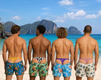 Personliga badbyxor för män, roliga badshorts, strandbyxor med fejkunderkläder, sommargåva, poolpartyklädsel för honom