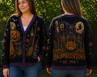 Halloween Town Cardigan, Spooky Pumpkin Knit Sweater, Witchy Gothic Cardigan, Vintage Halloween Sweater, Fall Oversized Button Up Gift