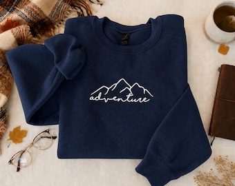 Adventure Embroidered Sweatshirt, Mountain Embroidered Crewneck, Hiking shirt, Camping shirt, Nature Lover Gift, Minimalist Outdoor shirt