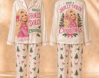 Have A Holly Dolly Pink Christmas Pajamas Set, Dolly Parton Satin PJs, Country Music Christmas Pajamas, Adult Kids Matching Family Sleepwear