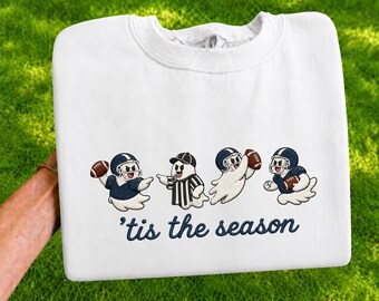 Embroidered Football Ghost Sweatshirt, ’Tis the Season Game Day Shirt, Cute Halloween Sports Crewneck, Football Fan Fall Gift