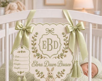 Personalized Baby Name Hospital Banner, Embroidered Monogram Newborn Name Sign, Floral Nursery Decor, Personalized Embroidered Baby Banner