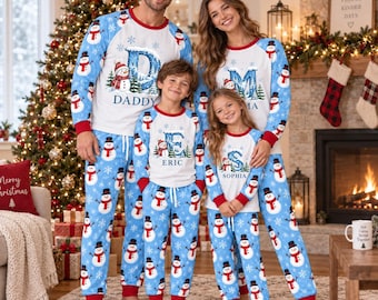 Personalized Family Christmas Pajamas, Custom Initial Name PJs, Matching Snowman Pajama Set, Family Xmas Outfit, Christmas Photo Pajamas