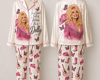 Dolly Pink Western Pajamas Set, Country Music Satin PJs, Cowgirl Pajama Set, Pink Cowboy Christmas Gift, Country Girl Sleepwear
