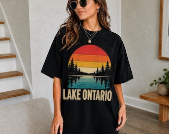 Lake Ontario Shirt, Great Lakes Sunset Graphic Tee, Retro Canada Vacation Gift, Cottage Country Outdoor Comfort Colors Shirt