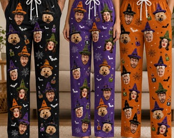 Custom Face Halloween Pajama Pants, Personalized Photo PJs, Witch Hat Family Pajamas, Funny Gift for Family
