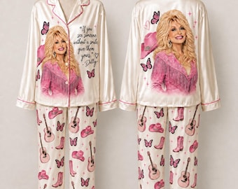 Dolly Pink Western Pajamas Set, Country Music Satin PJs, Cowgirl Pajama Set, Pink Cowboy Christmas Gift, Country Girl Sleepwear