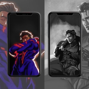 以下が含まれることがあります： 2つのスマートフォンの画面にデジタルアートが表示されています。1つは、青と赤のスーツを着て光る輪郭を持つ人物を示しています。もう1つは、メガネをかけた男性のグレースケールイラストです。背景には、一致するキャラクターアートが使用されています。