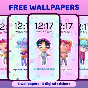 May include: Five smartphone screens displaying digital wallpapers with cartoon characters. Each screen shows a different character with a unique hairstyle and outfit. The text "FREE WALLPAPERS" and "5 wallpapers - 5 digital stickers" are visible.