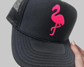 Flamingo Puff Print Trucker Hat, Flamingo Hat, Flamingo Caps