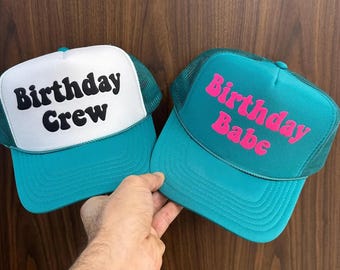 Birthday Crew Hats, Birthday Babe Birthday Crew Puff Print Hat, Birthday Babe Trucker Hats