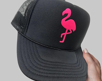 Flamingo Puff Print Trucker Hat, Flamingo Hat, Flamingo Caps
