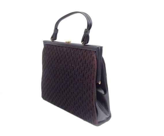Vintage 1950s Black Large Kelly Bag Purse / Woven