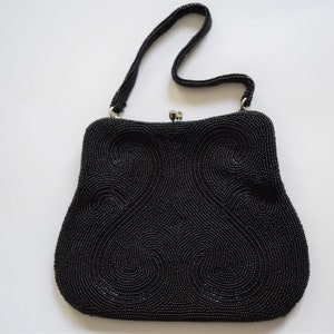 Vintage 1960s Black Beaded Evening Bag Purse