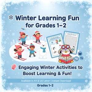 Könnte beinhalten: Werbebild für winterliche Lernaktivitäten für die Klassen 1-2. Die Illustration zeigt Kinder beim Skifahren, einen Eisbären und einen Pinguin, der ein Buch liest. Der Text lautet "Winter Learning Fun" und "Engaging Winter Activities".