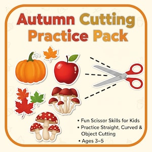 Autumn Cutting Practice Worksheets for Kids | Scissor Skills Activity | Fall Fine Motor Printables | Preschool & Pre-K PDF | A4 + US Letter