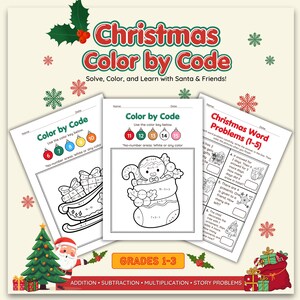 Puede incluir: Hojas de trabajo educativas con temática navideña con los títulos "Christmas Color by Code" y "Christmas Word Problems (1-5)". Las hojas de trabajo presentan ilustraciones festivas y actividades de colorear por números, diseñadas para los grados 1-3.
