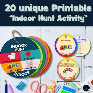 Afdrukbare indoor speurtocht voor kinderen | Natuurjachtspel van 2-6 jaar | Voorschoolse activiteit | Kaarten met cirkellabel | Buiten leren pdf