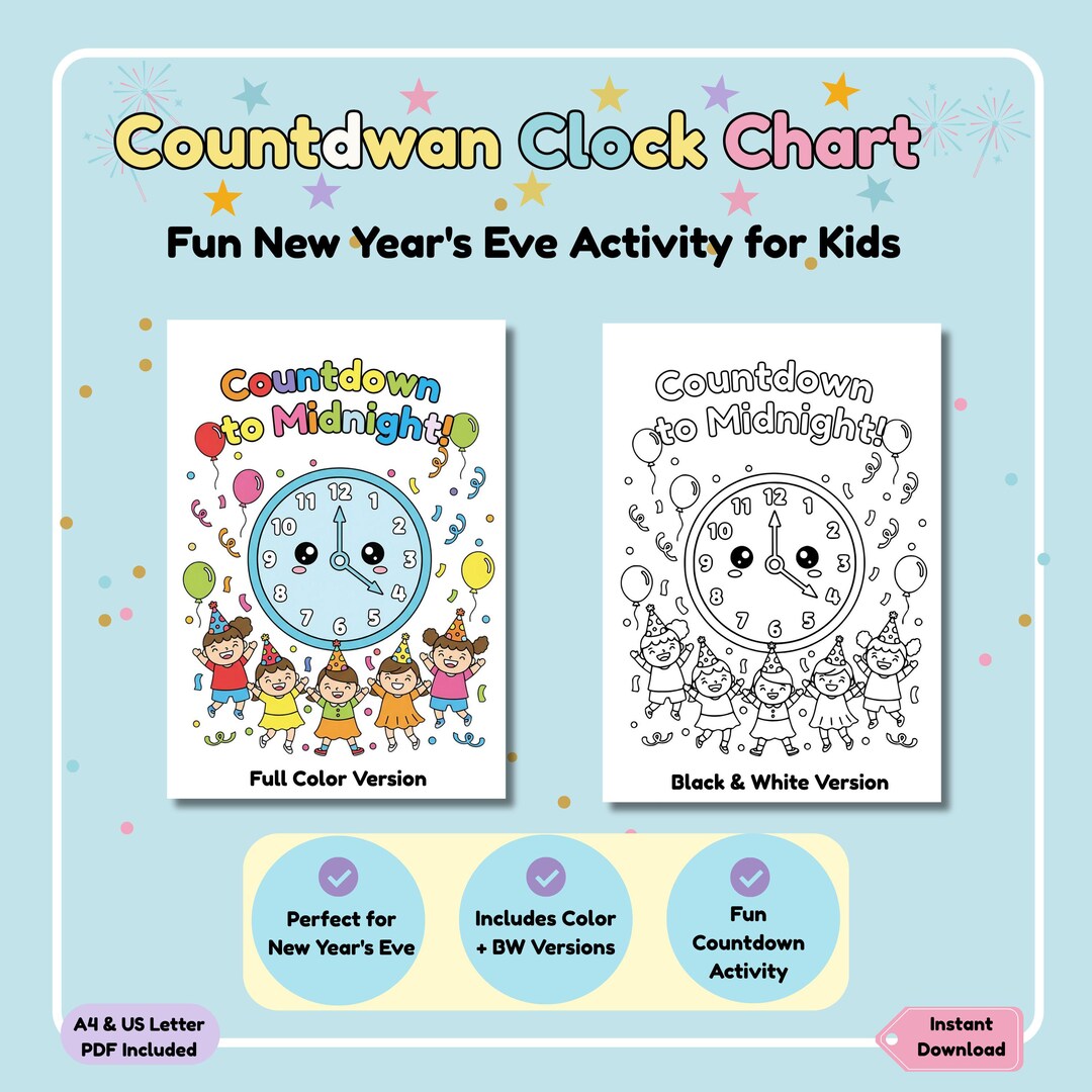 New Year Countdown Clock Chart: Kids' Sticker Activity (printable PDF ...