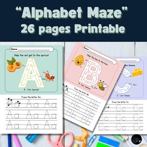 Hojas de trabajo de laberinto y trazado del alfabeto de la A a la Z (PDF imprimible para niños) / Páginas de práctica de letras para preescolar y jardín de infantes / Descarga instantánea